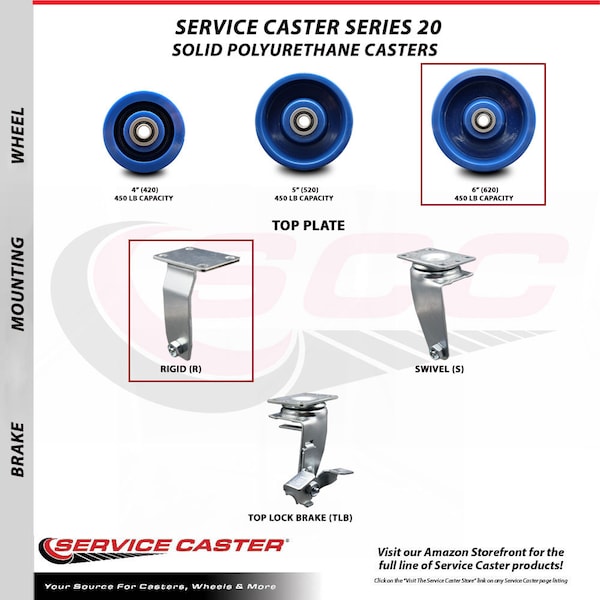 6 Inch Solid Polyurethane Caster Set with Ball Bearings 2 Swivel 2 Rigid